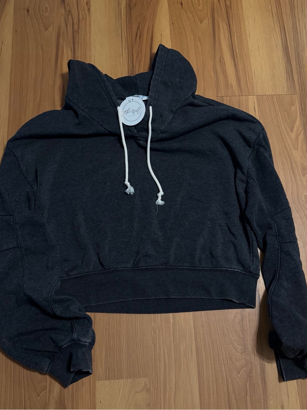 Double Zero Charcoal Cropped Hoodie with White Drawstrings